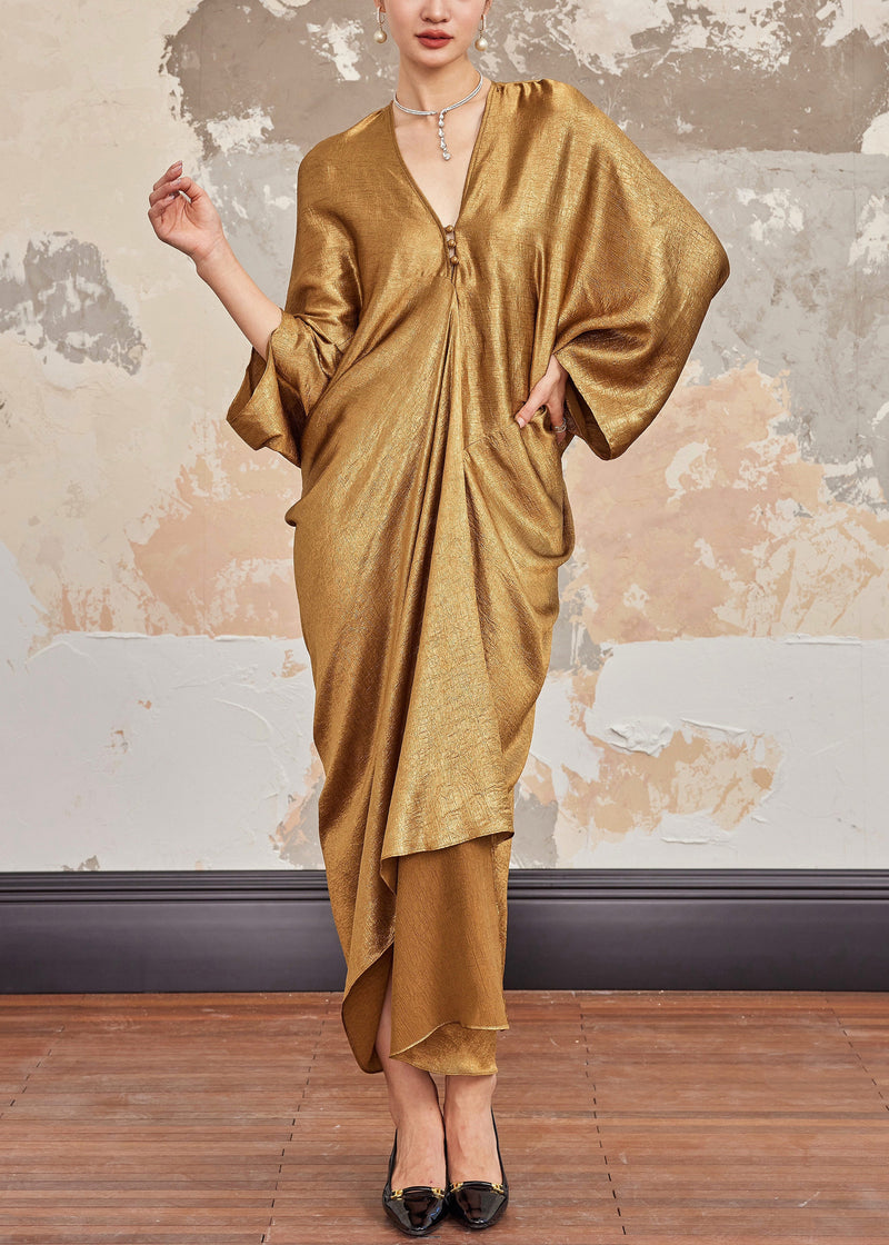Gold V Neck Silk Long Dresses Batwing Sleeve
