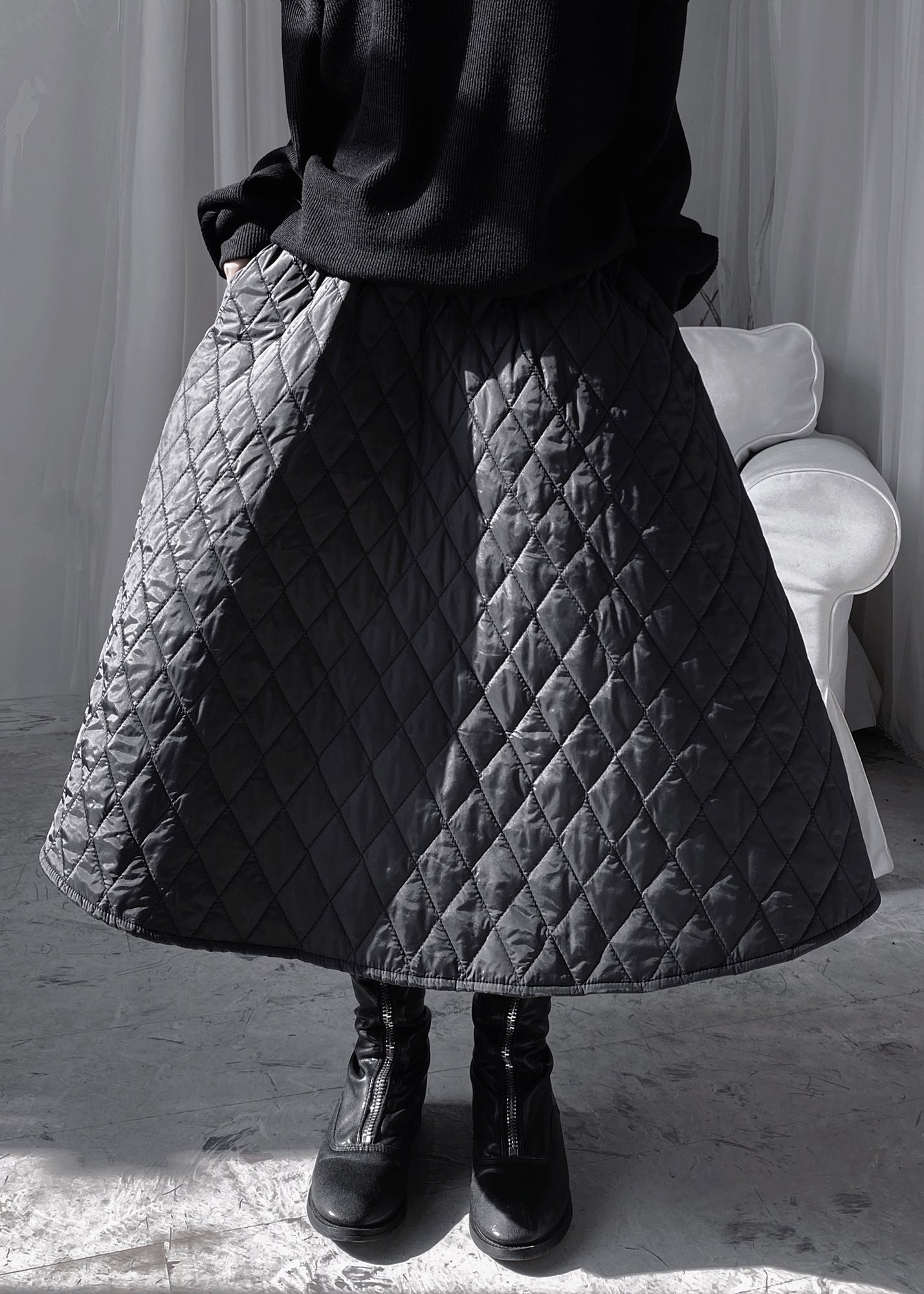 Natural Black Plaid Patchwork Thick a Line Skirts Fall