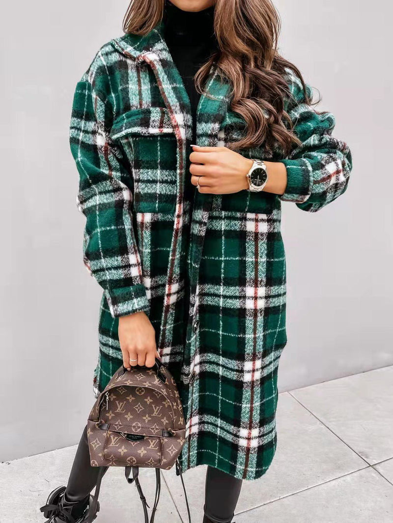 Coats Single Breasted Plaid Brushed Mid Length Wool Coat