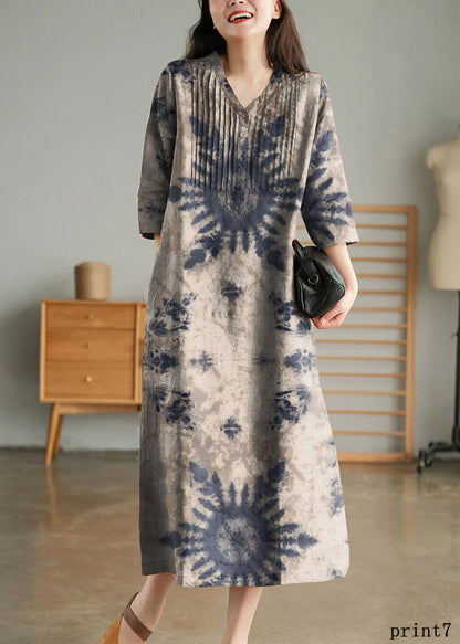 Orange Loose Linen Long Dresses Button Half Sleeve