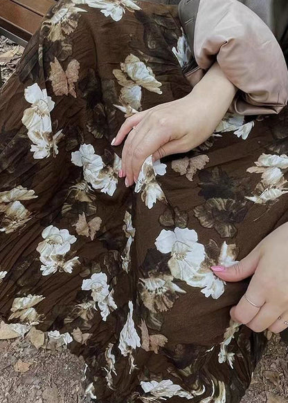 Coffee Wrinkled Print Exra Large Hem Cotton Skirts Spring