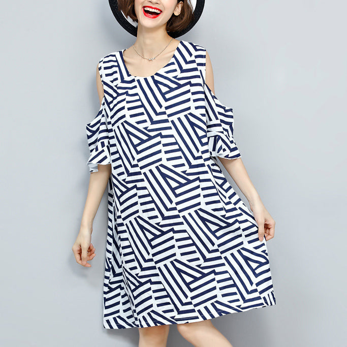 Baggy Striped Dress Traveling Clothing O Neck Patchwork Dress
