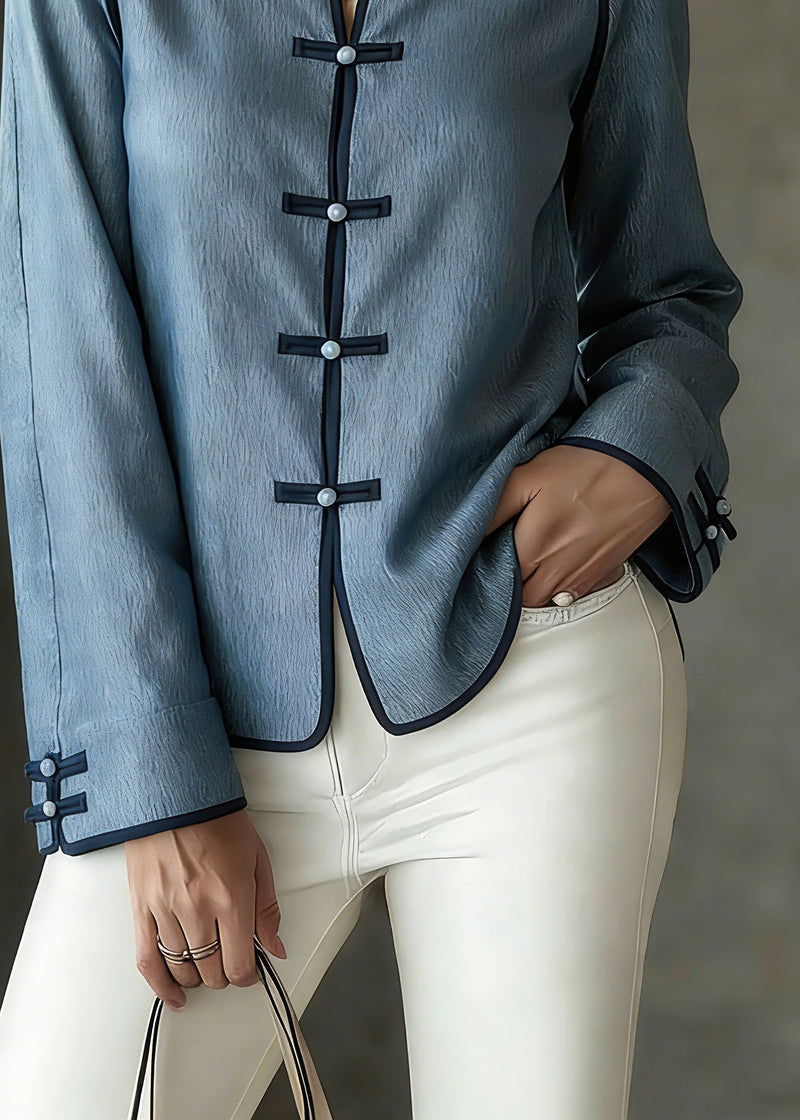 French Blue V Neck Button Shirts Spring