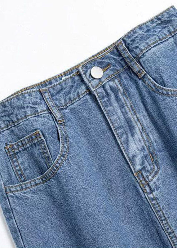 Stylish Denim Blue Asymmetrical Patchwork Print Button Pockets Maxi Skirt Cozy