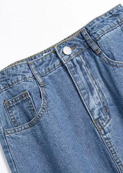 Stylish Denim Blue Asymmetrical Patchwork Print Button Pockets Maxi Skirt Cozy