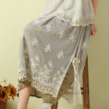 Cozy Linen Retro Embroidery Lace Mesh Skirt