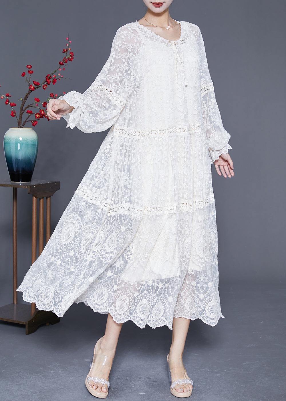 Beige Embroidered Patchwork Hollow Out Lace Maxi Dress Lantern Sleeve