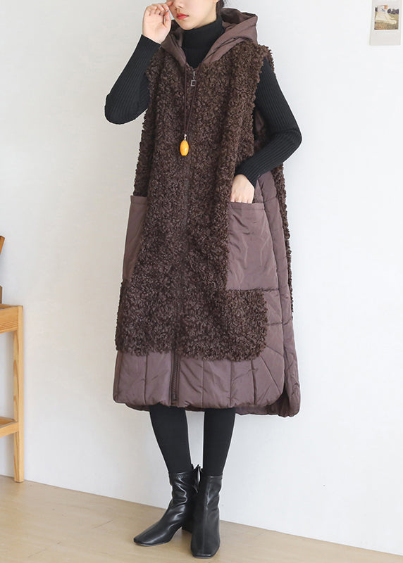 Coffee Colour Zippered Pockets Woolen Cotton Hooded Waistcoat Sleeveless