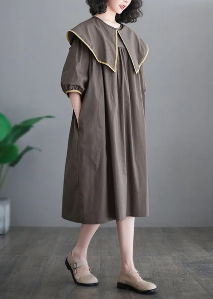 Chocolate Patchwork Cotton Long Dress Oversized O-neck Half Sleeve