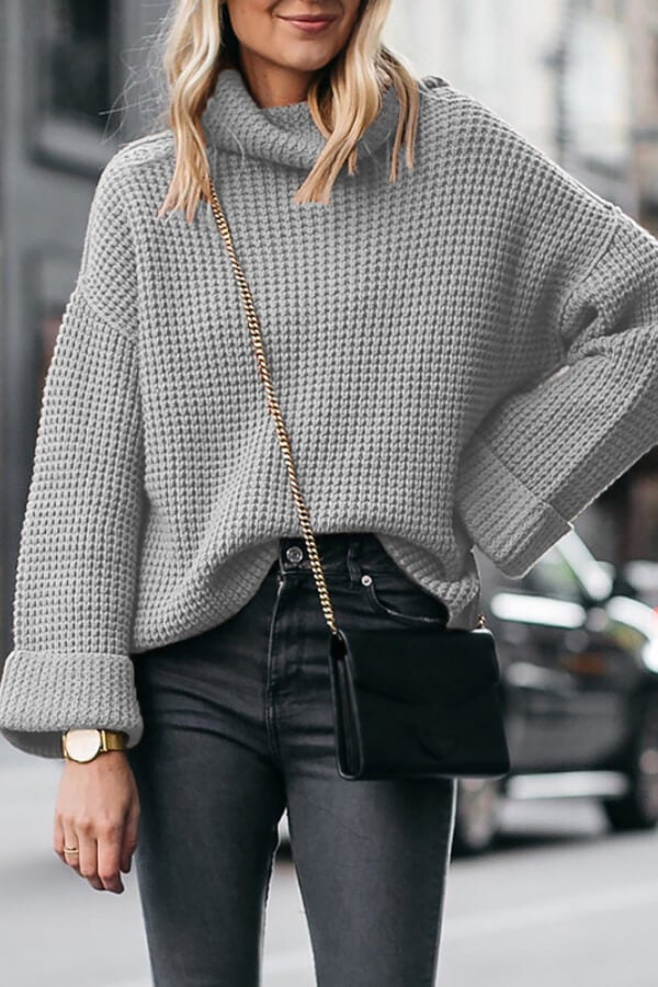 Color High Neck Loose Knit Sweater