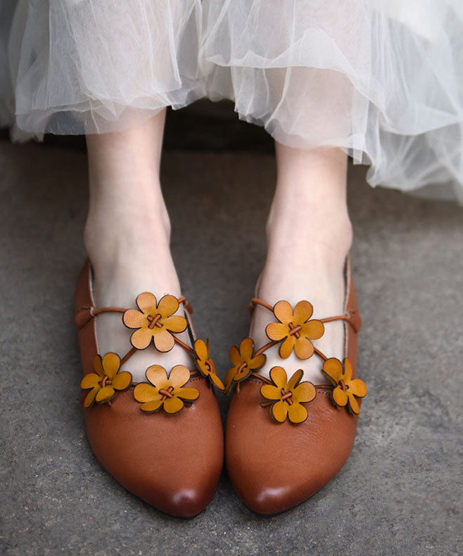 Brown Flat Shoes for Cowhide Leather Splicing Pointed Toe