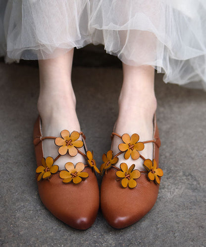 Brown Flat Shoes for Cowhide Leather Splicing Pointed Toe
