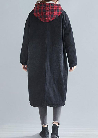 Unique Denim Black Fine Coats Inspiration Hooded Patchwork Outwears