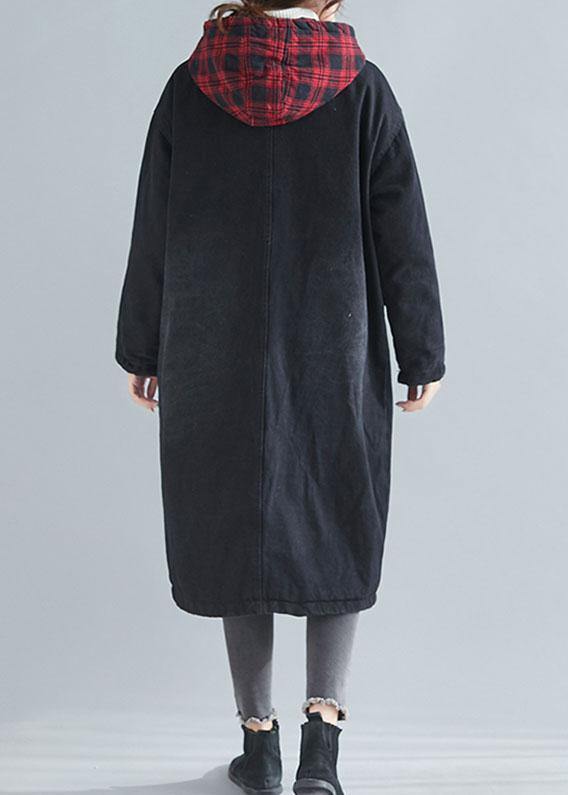 Unique Denim Black Fine Coats Inspiration Hooded Patchwork Outwears