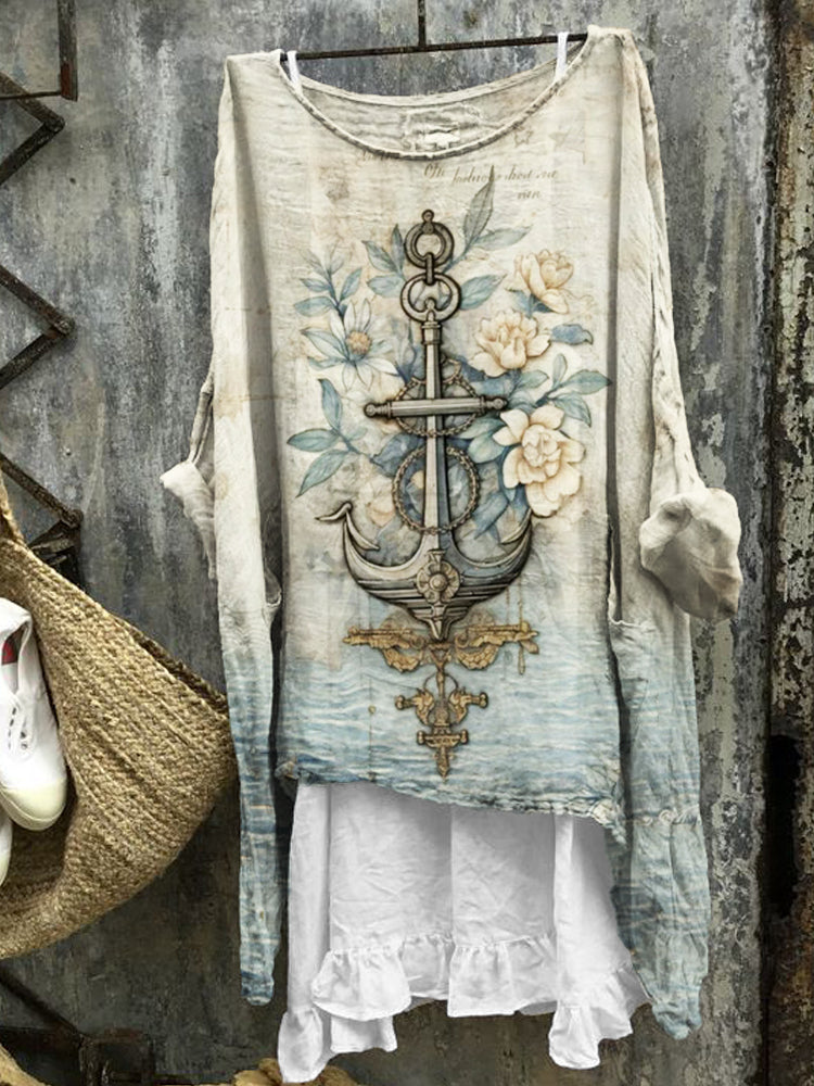 Vintage Anchor Floral Ocean Gradient Linen Tunic elevenforest