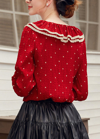 Red V Neck Dot Patchwork Tie Lace Shirt Fall