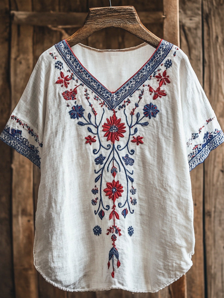 Vintage Floral Embroidery Women's Linen V-neck Shirt elevenforest