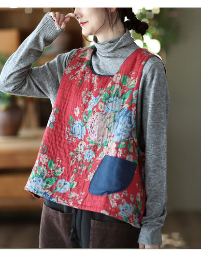 -print Cotton and Linen Quilted Vest