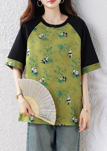 New Green O Neck Print Patchwork Cotton T Shirts Summer