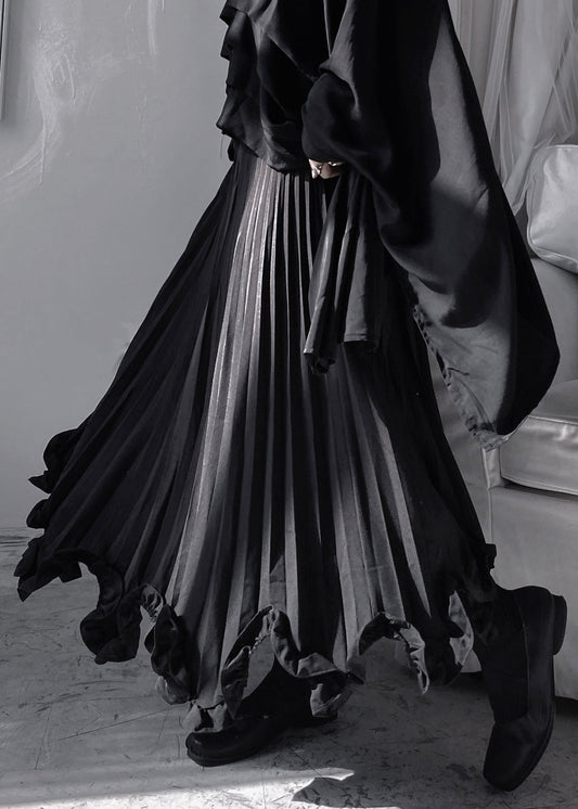 Stylish Black Ruffled Patchwork a Line Skirt Fall