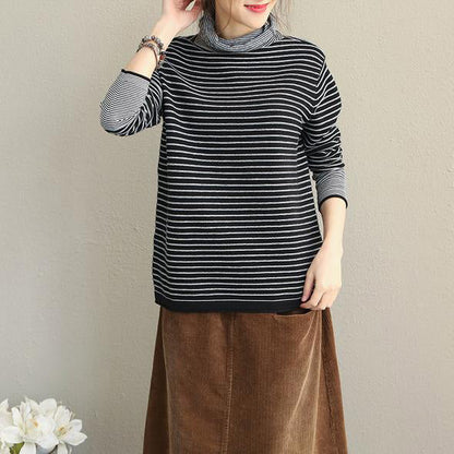 High Neck Striped Sweater Loose Tops