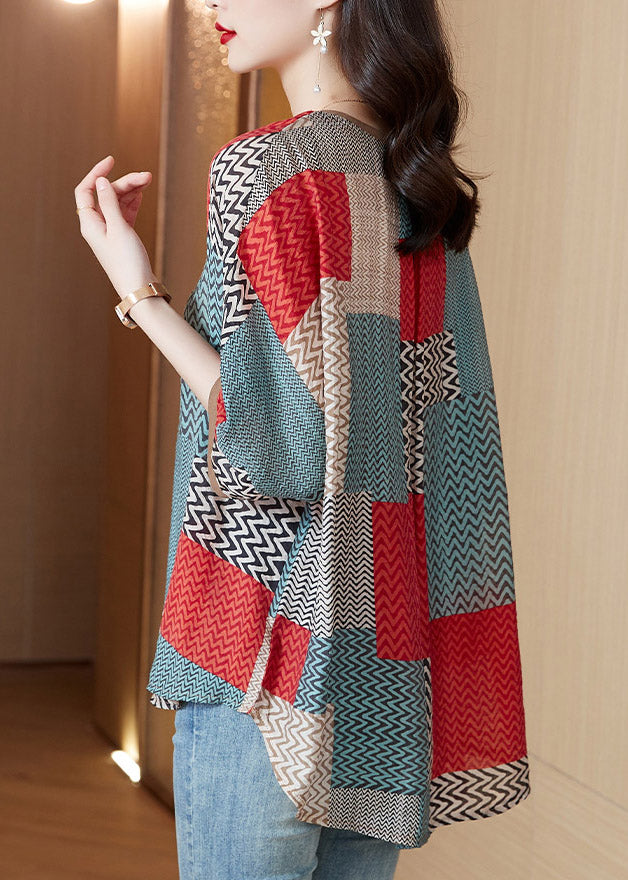 Red O-neck Striped Print Silk Shirt Half Sleeve