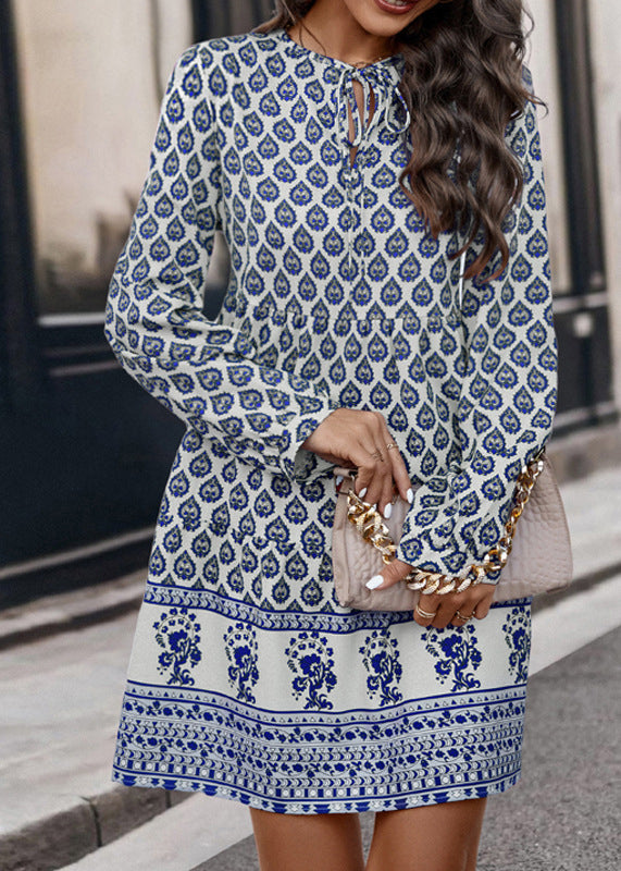 Blue Print Lace Up Chiffon Mid Dresses Fall