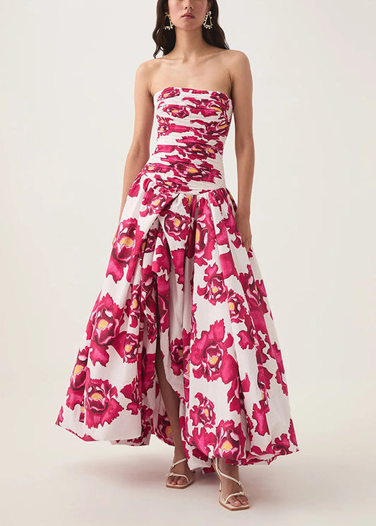 Rose Print Front Open Cotton Long Dresses Sleeveless