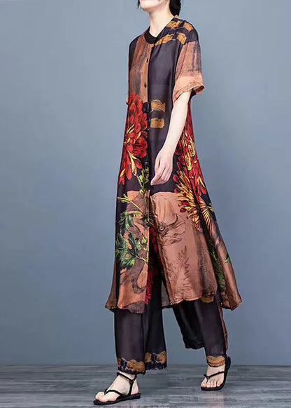 Coffee Print Silk Shirt Dress and Wide Leg Pants Two Pieces Set Thin Half Sleeve