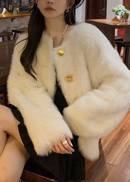 Diy White O-neck Button Thick Fluffy Coat Long Sleeve