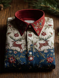 Christmas Inspired Reindeer Floral Contrast Color Linen Shirt elevenforest