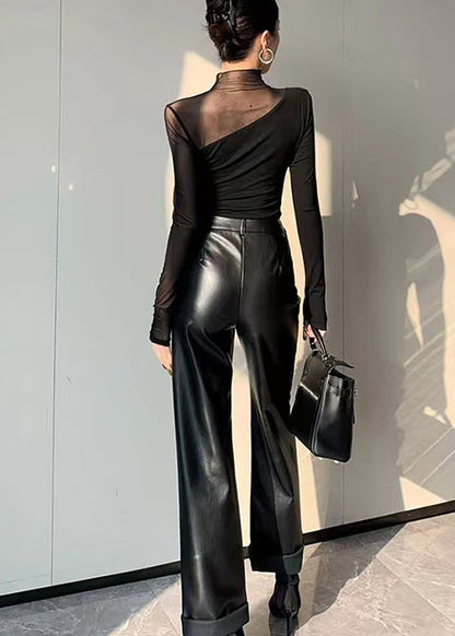 Black Asymmetrical Patchwork Hollow Out Tops Spring