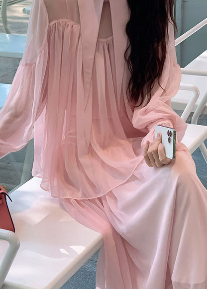 Pink Patchwork Wrinkled Tulle Shirt and Maxi Skirts Two Piece Set Spring