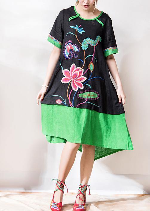 Black Embroidery Linen Dresses O Neck Patchwork Dresses Summer Dress