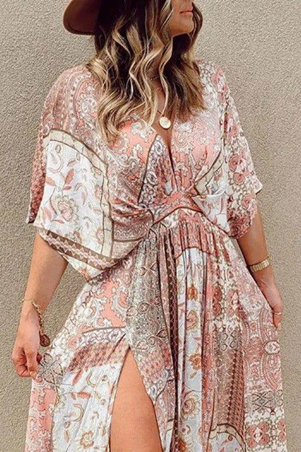 Print Bat Slit Maxi Dress