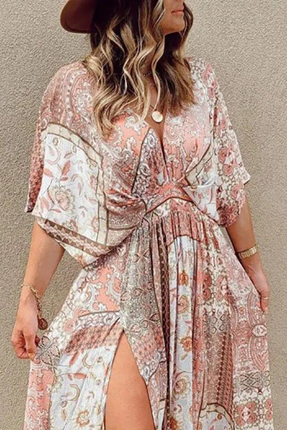 Print Bat Slit Maxi Dress