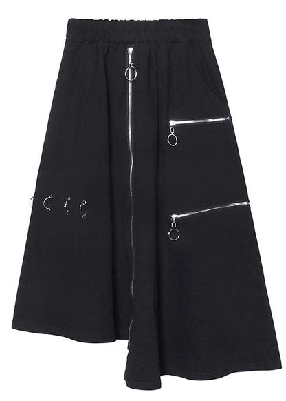 Handmade Black High Waist Pockets Zippered Asymmetrical Design Fall Skirts