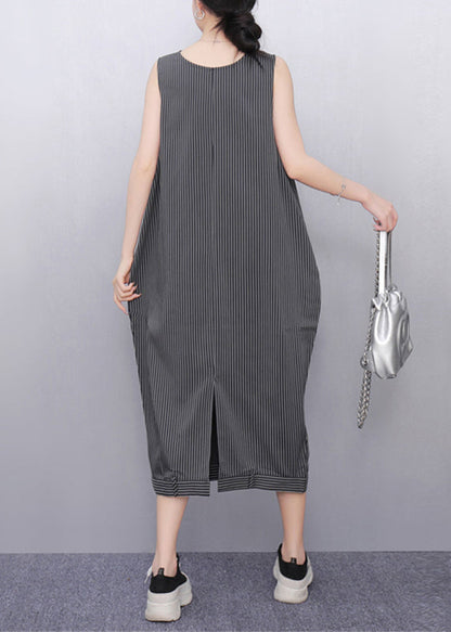 Dark Grey Striped Pockets Long Dresses Sleeveless