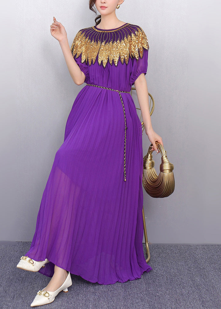Purple Sequins Chiffon Tunic Party Dress Summer