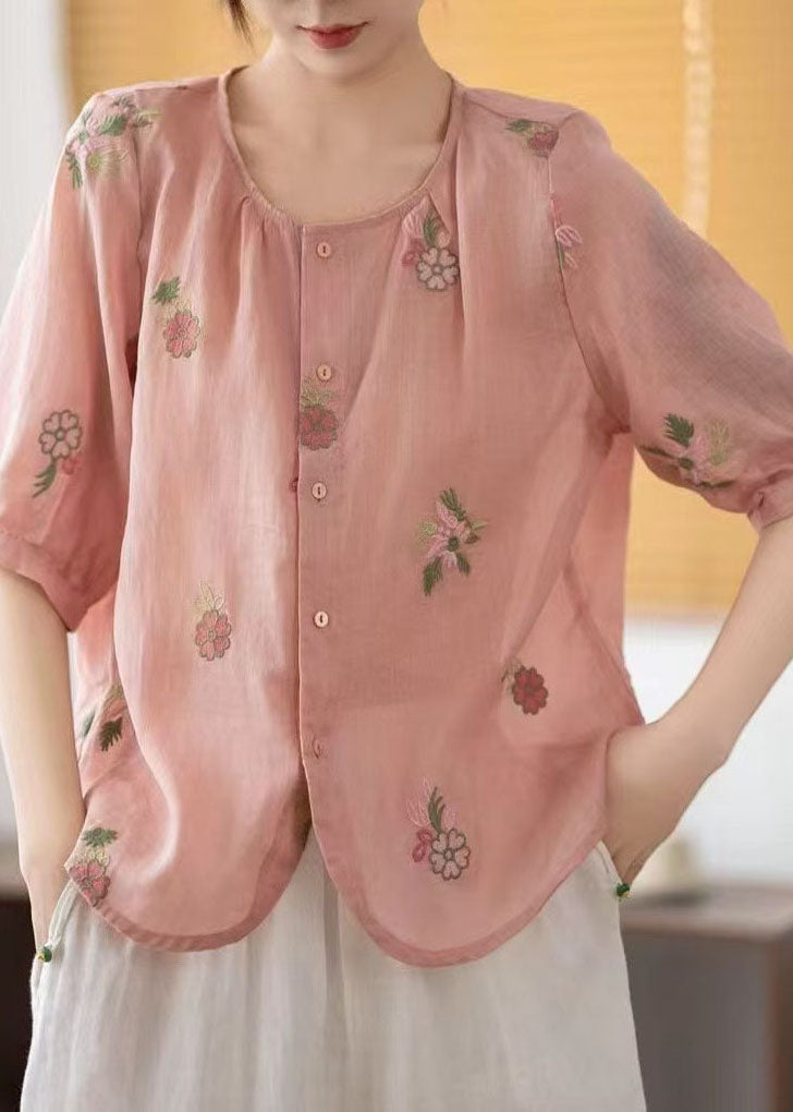 Red Linen Shirts O-neck Embroidered Summer