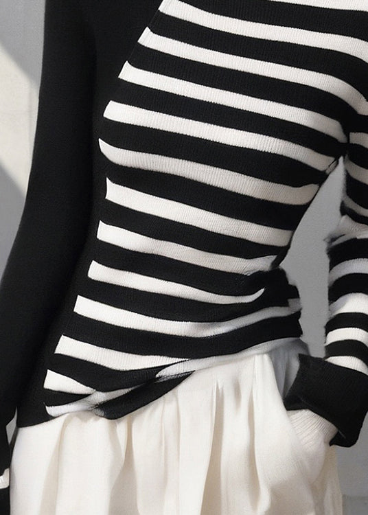 Colorblock Hign Neck Striped Knit Sweaters Spring
