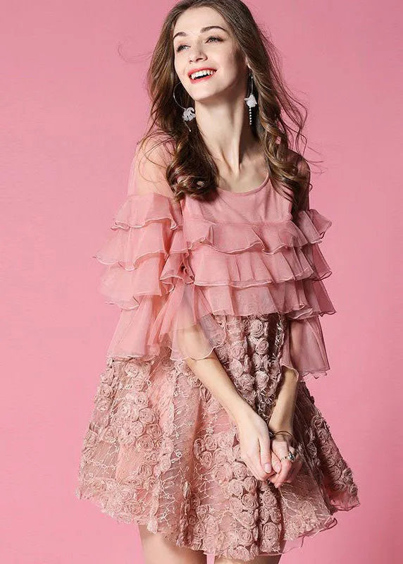 Pink Ruffles Patchwork Applique Tulle Dress Half Sleeve