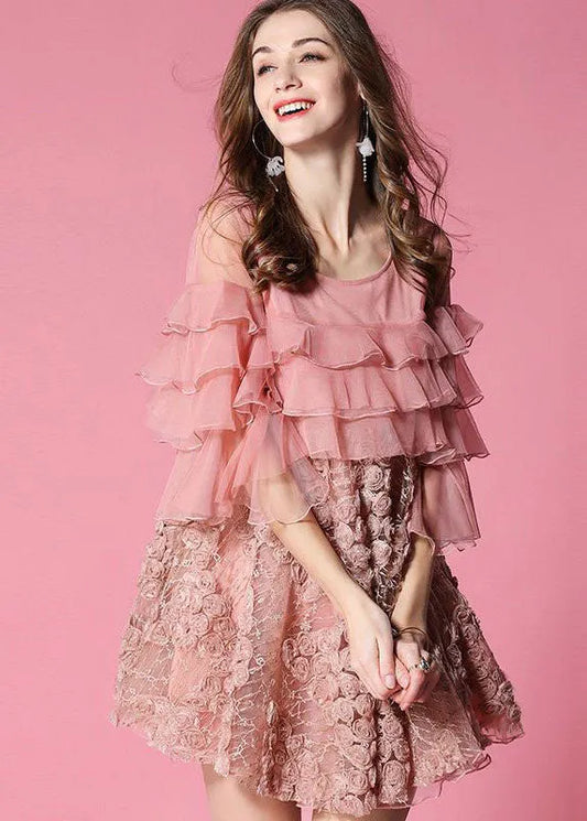 Pink Ruffles Patchwork Applique Tulle Dress Half Sleeve