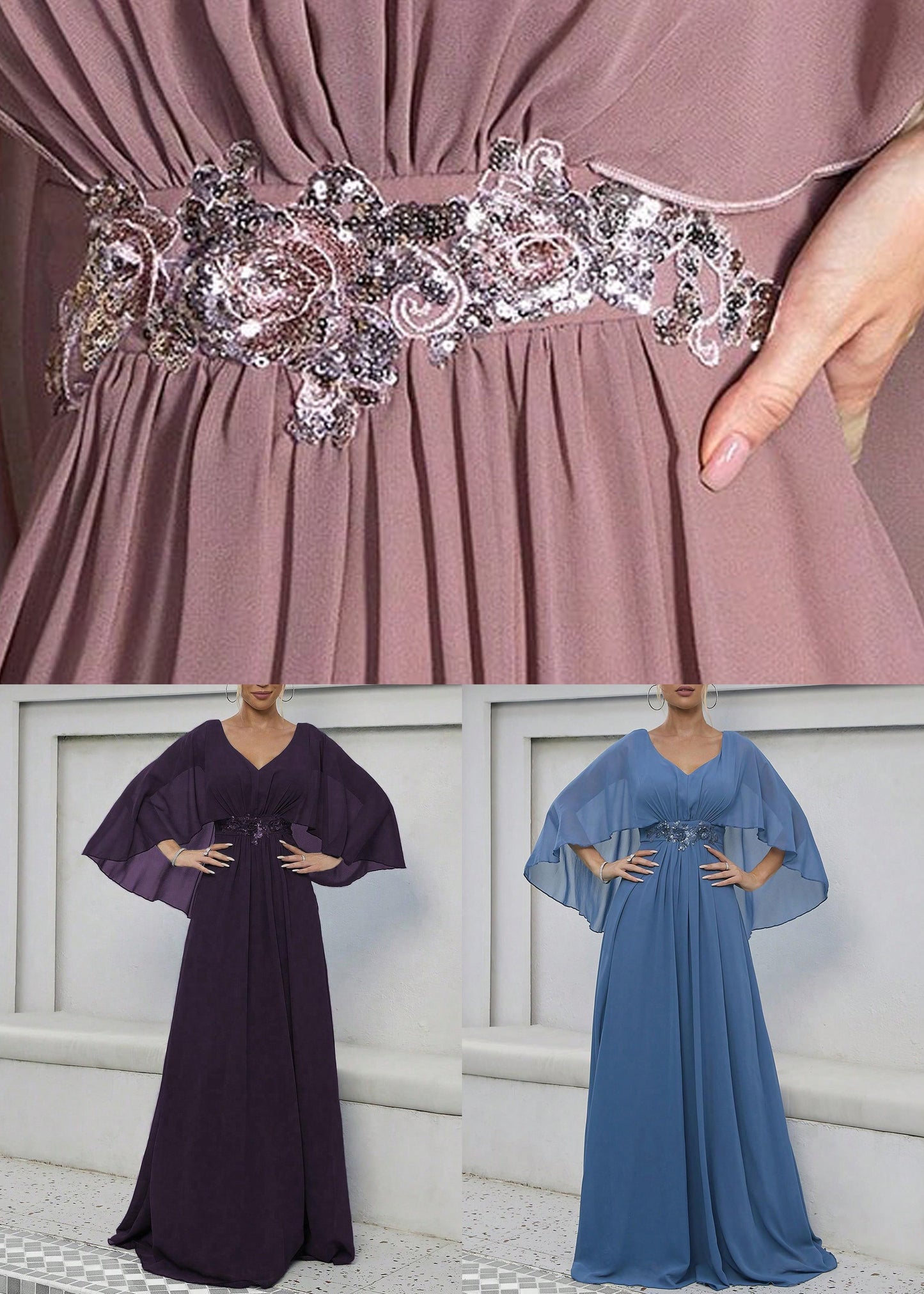Dark Purple Sequins High Waist Maxi Dress Batwing Sleeve