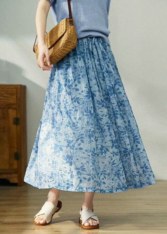 Blue Print Lace Up Elastic Waist Cotton Skirt Spring