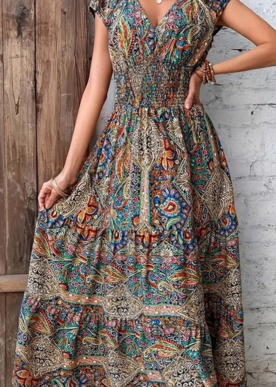 Loose V Neck Print Cotton Long Dress Summer