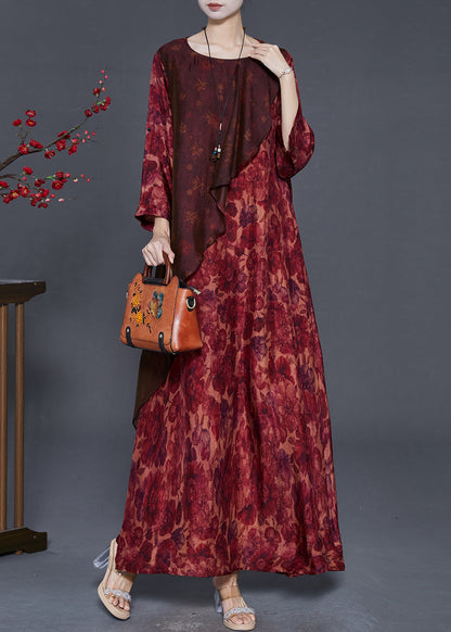 Red Asymmetrical Print Silk Robe Dresses Spring