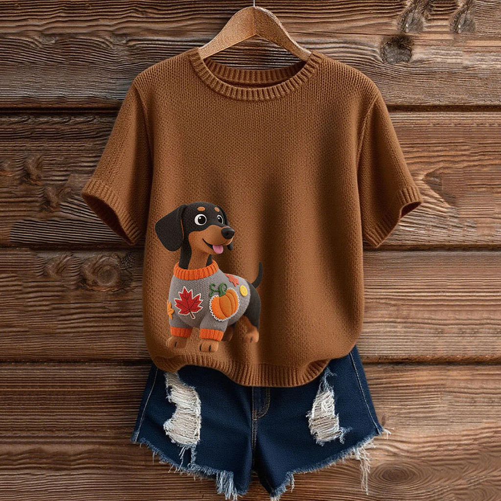 Comstylish Vintage Dachshund With Felt In Autumn Inspired Embroidered Short Sleeve Cozy Knit Sweater