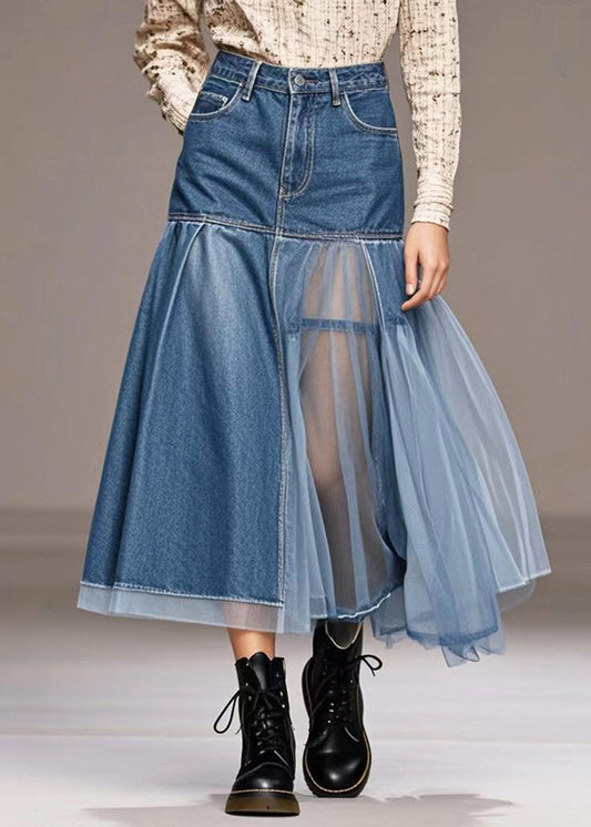 Blue Silm Fit Tulle Patchwork Denim Skirt Spring
