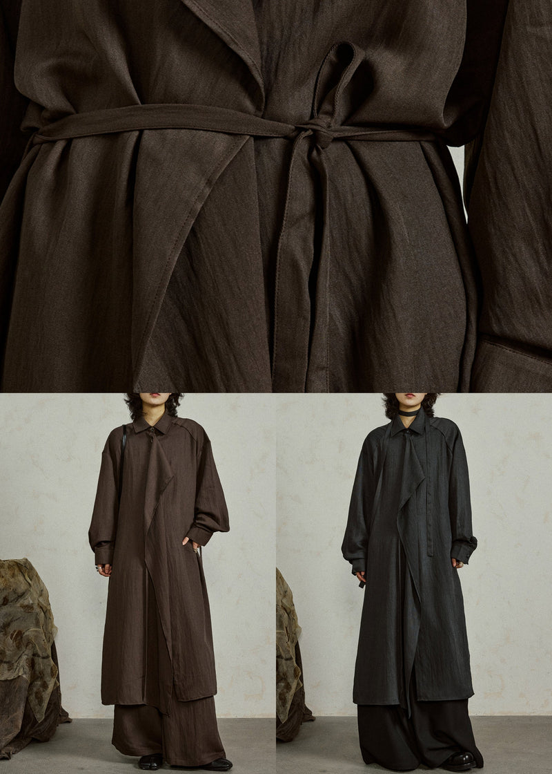 Loose Black Ruffled Tie Waist Cotton Shirts Coat Fall